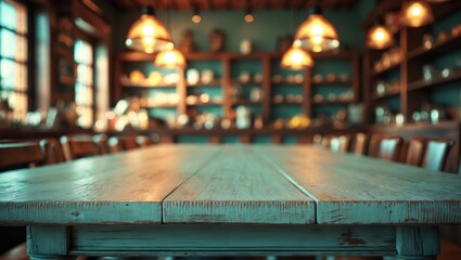Obraz premium Blurred image of interior featuring a wooden table in the foreground.