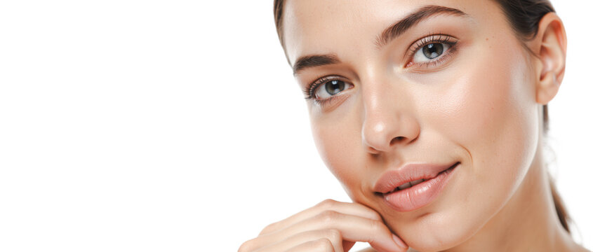 Closeup portrait smiling woman, natural beauty, fresh skin, healthy glow, skincare routine, soft lips, radiant complexion, young model, facial care, wellness, self-care, spa treatment, elegance