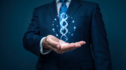 Business innovation with digital DNA hologram in biotechnology field representing technology research strategies and scientific progress in corporate environment