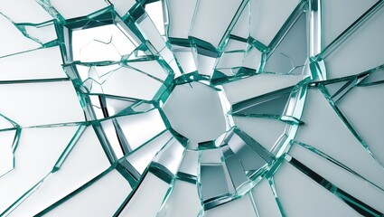 Close-up of broken glass. Metaphor for a problem. White background featuring a crack. Background reflecting themes of breakage. Pattern depicting a shattered mirror. Texture of broken glass.