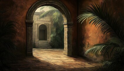 Fototapeta premium Tropical Courtyard with Stone Archway, Palm Leaves, and Warm Earth Tones