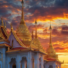 Fototapeta premium golden domes of a grand palace glowing during a colorful sunset, vibrant and dynamic sky, intricate details, serene and majestic atmosphere