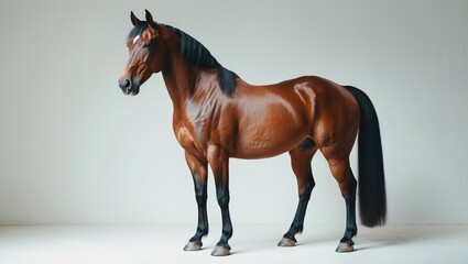 Obraz premium Bay horse standing alone on a white backdrop