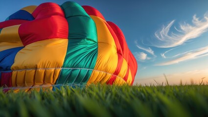 Obraz premium Brightly colored hot air balloon resting on the ground under a blue morning sky prior to takeoff.