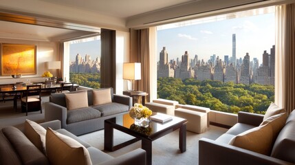 Fototapeta premium Luxury Hotel Suite with City View Modern Interior Design, Central Park, Manhattan, New York City