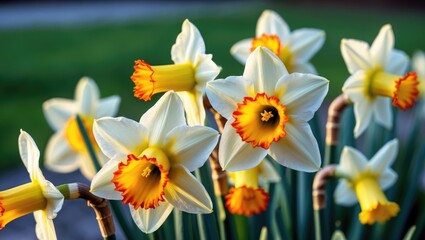 Obraz premium Close-up of beautiful colorful narcissus or daffodils illuminated by evening light.