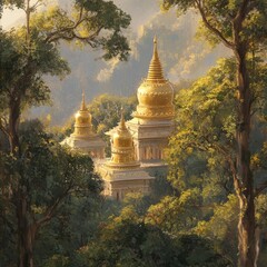 golden domes of a grand temple rising above a dense forest, soft sunlight filtering through trees, serene and majestic mood, detailed and vivid