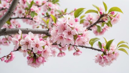 Branch of the flowering Quince featuring pink blossoms. Isolated against a white backdrop.