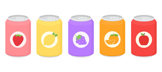 Colorful Fruit Soda Can Vector Set. Strawberry, Lemon, Grape, Orange, Apple Drinks