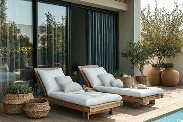  A photo of modern outdoor wooden sun loungers with white cushions on the terrace near a pool