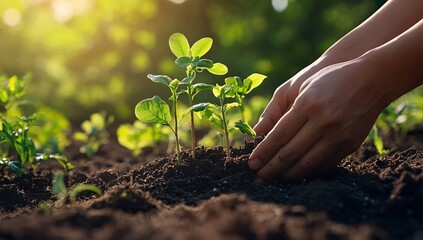 Fototapeta premium Hands Planting Seedlings in Rich Dark Soil Under Warm Sunlight