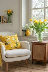 A Scandinavian-style living room with white walls