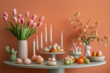 A round table with an orange wall in the background
