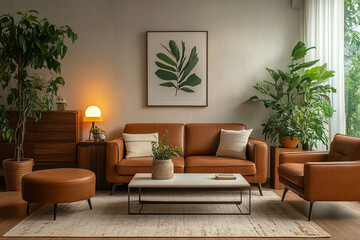 A warm and inviting living room with a brown leather sofa