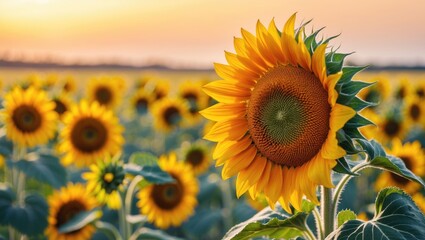 Obraz premium Bright Sunflower Flower Close-up of a sunflower fully blossomed, creating an abstract natural backdrop. Field of sunflowers illuminated by warm light.
