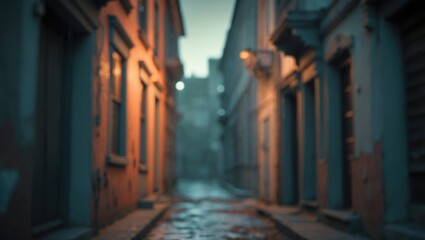 Fototapeta premium Blurred Background of Vacant Street with Rain-soaked Pavement and Historic Buildings in a Serene Neighborhood. Defocused Image for Background.