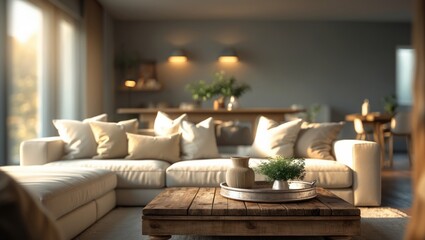 Fototapeta premium Blurred view of a cozy modern living room showcasing walls in grey tones and inviting decor, ideal for relaxation and stylish gatherings.