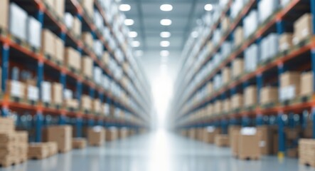 Blurred background of a large indoor warehouse featuring high racks and stored products for supply chain procurement operation logistic process e-commerce distribution channel value chain concept.