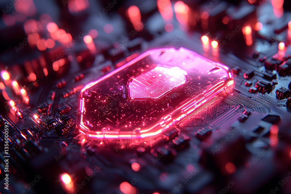 Poster a glowing red circuit board with a highlighted central processor suggests futuristic technology for 