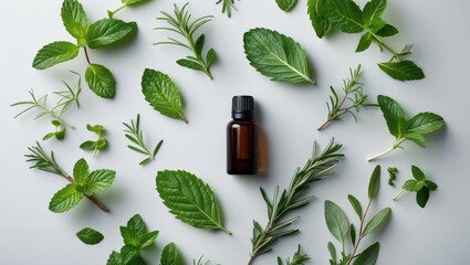 Bottle of essential oil arranged with a circular layout of fresh herbs and spices in a flat lay on a white backdrop.