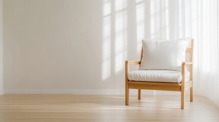 Simple, modern wooden armchair in a bright, empty room with sunlight
