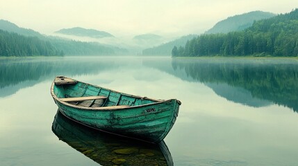 Fototapeta premium Weathered Teal Rowboat on a Calm Misty Lake Surrounded by Lush Green Hills