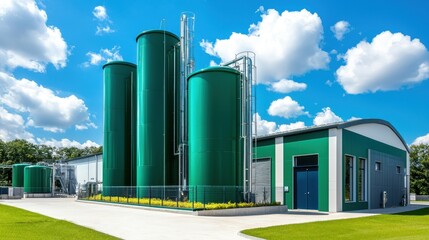 Green industrial tanks against a bright blue sky and fluffy clouds.