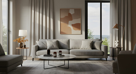 Modern minimalist living room with neutral-toned sofa, marble coffee table, abstract wall art, and natural light from large windows
