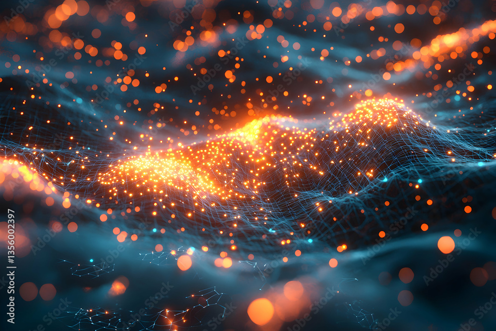 Poster abstract digital art with glowing lights and interconnected lines representing data or networks. ide