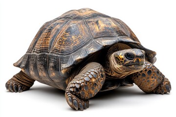 Obraz premium Large tortoise displaying intricate shell patterns in a bright indoor environment