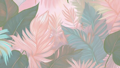 Hello Summer concept design with abstract illustrations on a background of exotic forest leaves