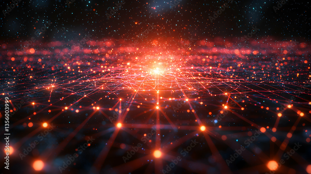 Poster abstract digital landscape with glowing red lines and dots. suitable for data visualization technolo