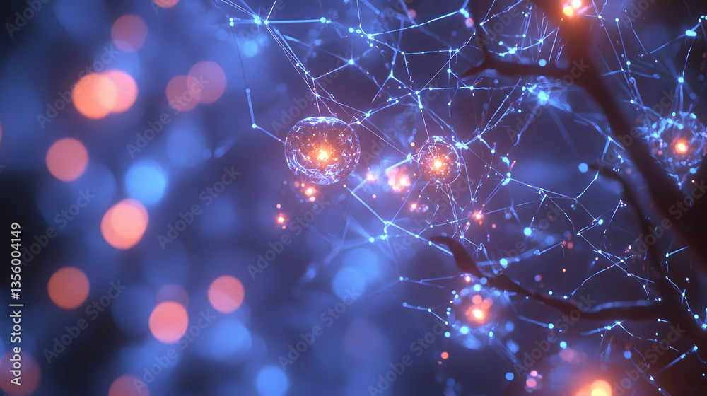Poster abstract image of neural network with glowing spheres and connections. it suggests concepts like art