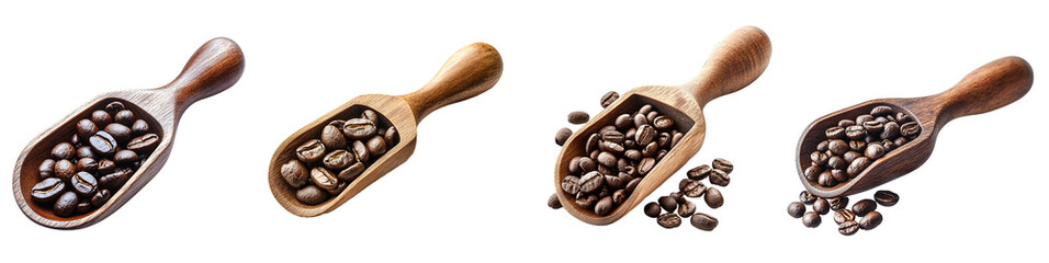Fototapeta premium Three Wooden Scoops Filled with Aromatic Dark Roasted Coffee Beans isolated with Transparent PNG