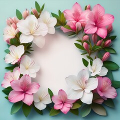 白色とピンク色のつつじの花のフレーム背景素材。テキストスペースあり。AIで生成