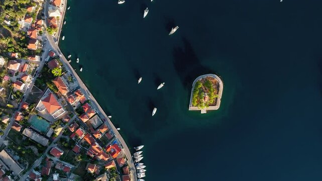Aerial view of Lazareto island on Ithaca Island, Greece during sunrise