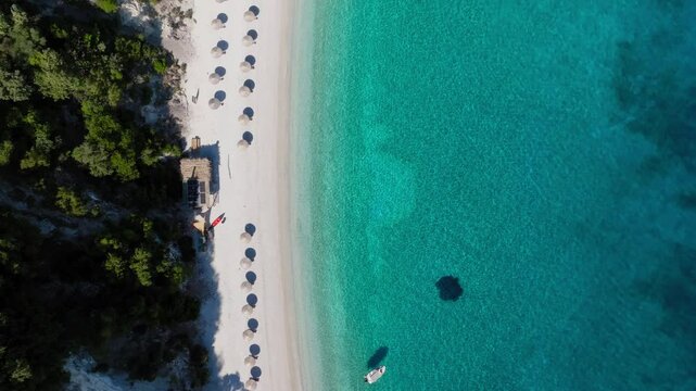 Top down drone shot of the paradise beach of Gidaki on the island of Ithaca, Greece