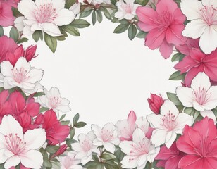 Naklejka premium 白色とピンク色のつつじの花のフレーム背景素材。テキストスペースあり。AIで生成