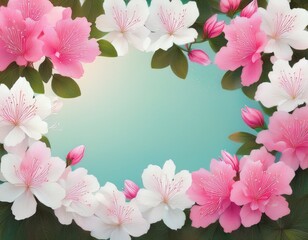 Fototapeta premium 白色とピンク色のつつじの花のフレーム背景素材。テキストスペースあり。AIで生成