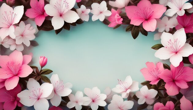 白色とピンク色のつつじの花のフレーム背景素材。テキストスペースあり。AIで生成