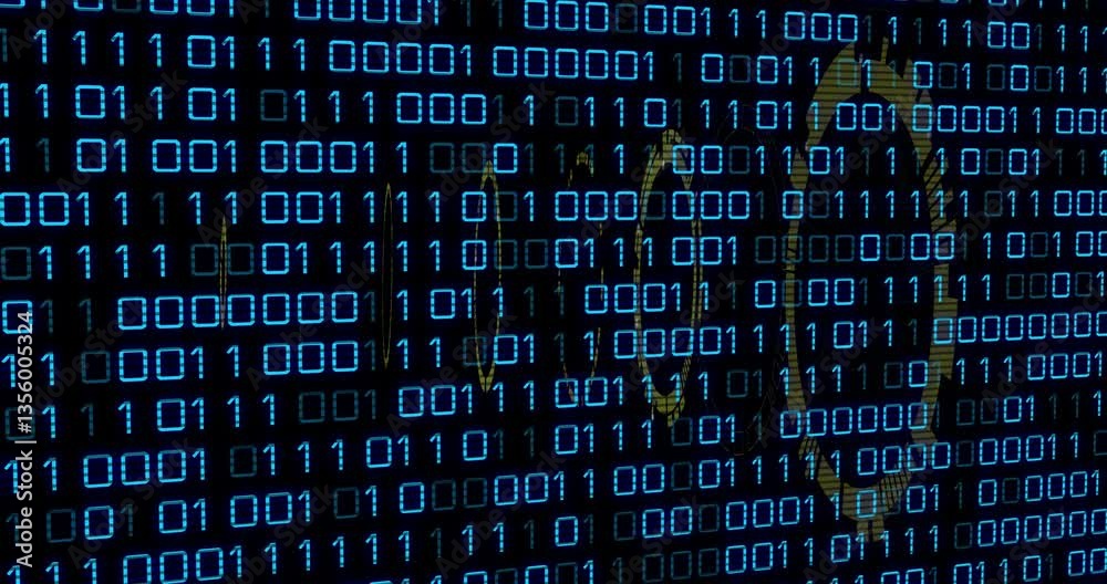 Poster animation of binary code with arrows showing data flow and processing