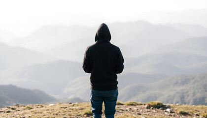 Back View Hoodie Mockup, Serene mountain landscape photorealistic black hoodie back view. Copy Space