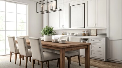 Fototapeta premium Elegant dining room interior design modern home layout planning bright atmosphere contemporary viewpoint