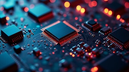 Fototapeta premium Electronic circuit board close up. Computer Motherboard with electrons. Computer circuit board with electrons. Electronic computer hardware technology. Motherboard digital chip. Tech service.