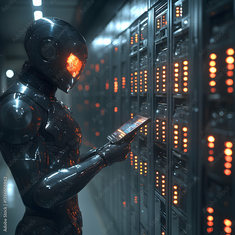 Poster a futuristic robot monitors servers in a data center using a tablet. it is a scene showcasing techno