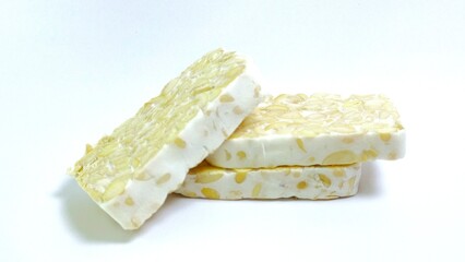 Tempe isolated on white background. Tempe is made from soybeans, is a very healthy traditional Indonesian food.