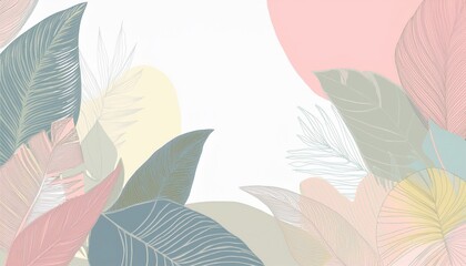 Hello Summer concept design with abstract illustrations on a background of exotic forest leaves