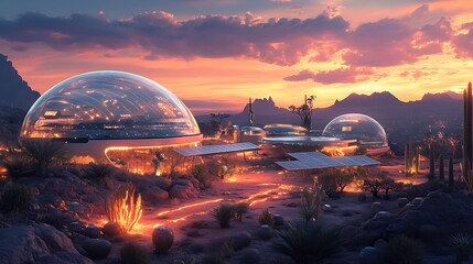 Obraz premium A futuristic desert oasis with a floating glass dome providing shade, advanced solar panels powering a sustainable water system, and bioluminescent plants glowing at dusk.