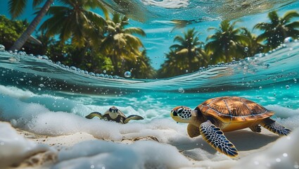 Sea Turtles on a Tropical Beach An Underwater Paradise