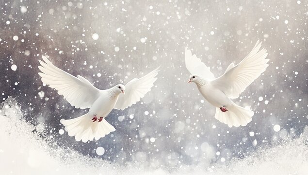 Two White Doves in Flight Through a Snowy Winter Scene